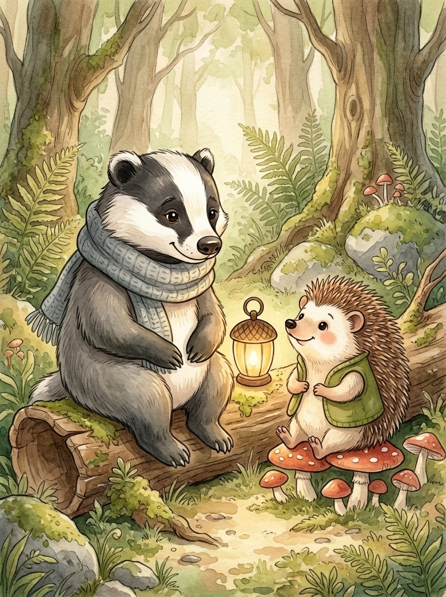 Pip and the Beautiful Dark — page 5 panel 1: Pip sits with Silas the Badger on a mossy log, listening to his comforting words.