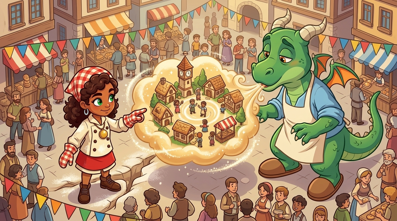 龙与面包节的甜蜜鼾声 — page 5 panel 2: 微型面包村完整地从面团裂缝中升起：小小的面包房、钟楼和村民屋舍挤在一团发酵香气里。睡眼惺忪的龙凑近观察，忍不住打出一个温暖喷嚏，气流把微型村庄吹回甜云中心。