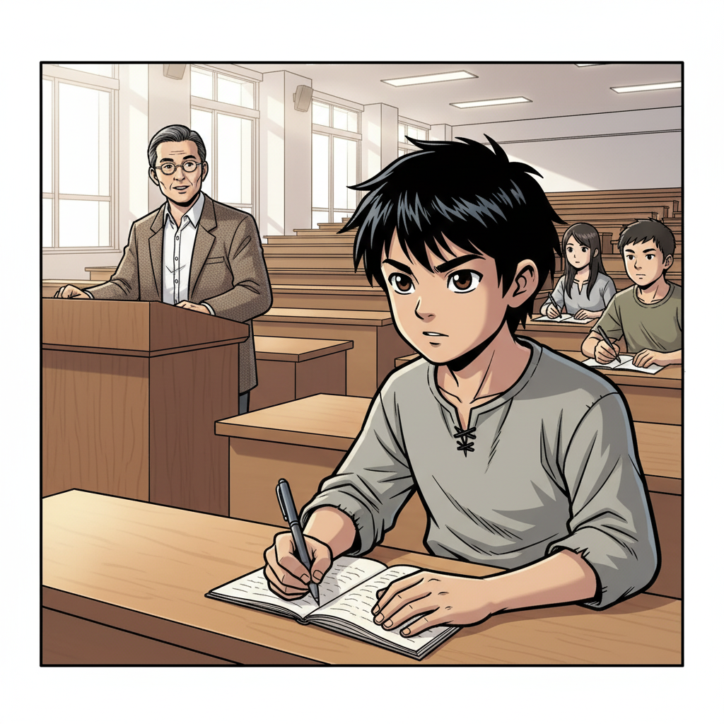 王二小智斗鬼子 — page 5 panel 5: 在宽敞明亮的阶梯教室里，王二小第一次听大学教授讲课。他坐在前排，全神贯注地听讲，手中紧握着笔，生怕错过任何一个知识点。周围的同学也都在认真学习。