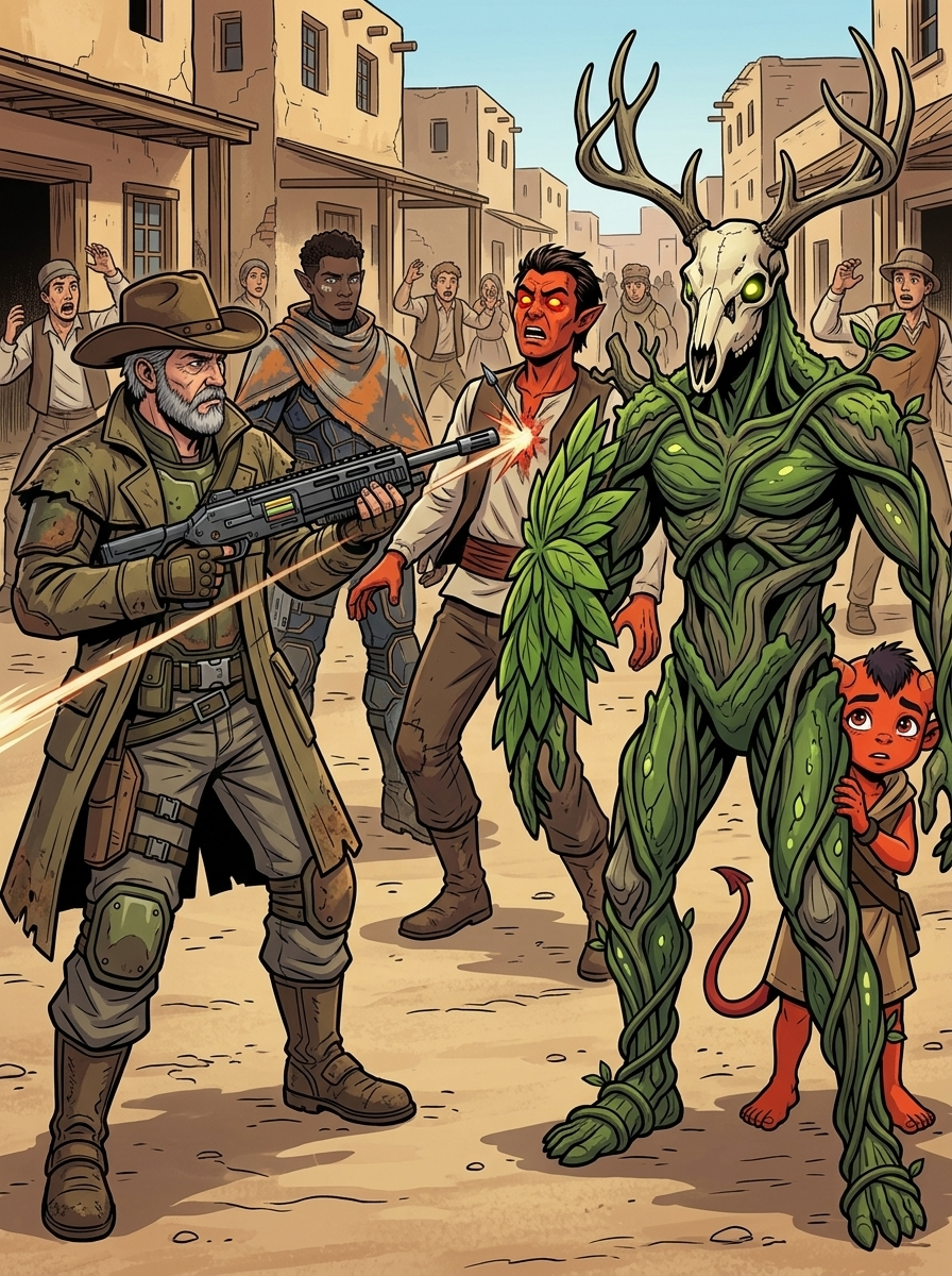 Altir's Fall — page 6 panel 1: A possessed figure lunges at Eldar and Desmond, but a projectile suddenly stops it.