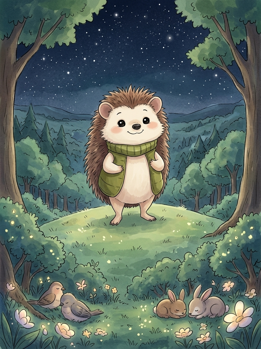 Pip and the Beautiful Dark — page 6 panel 1: Pip looks out over the peaceful, sleeping forest, finally understanding the beauty of the night.