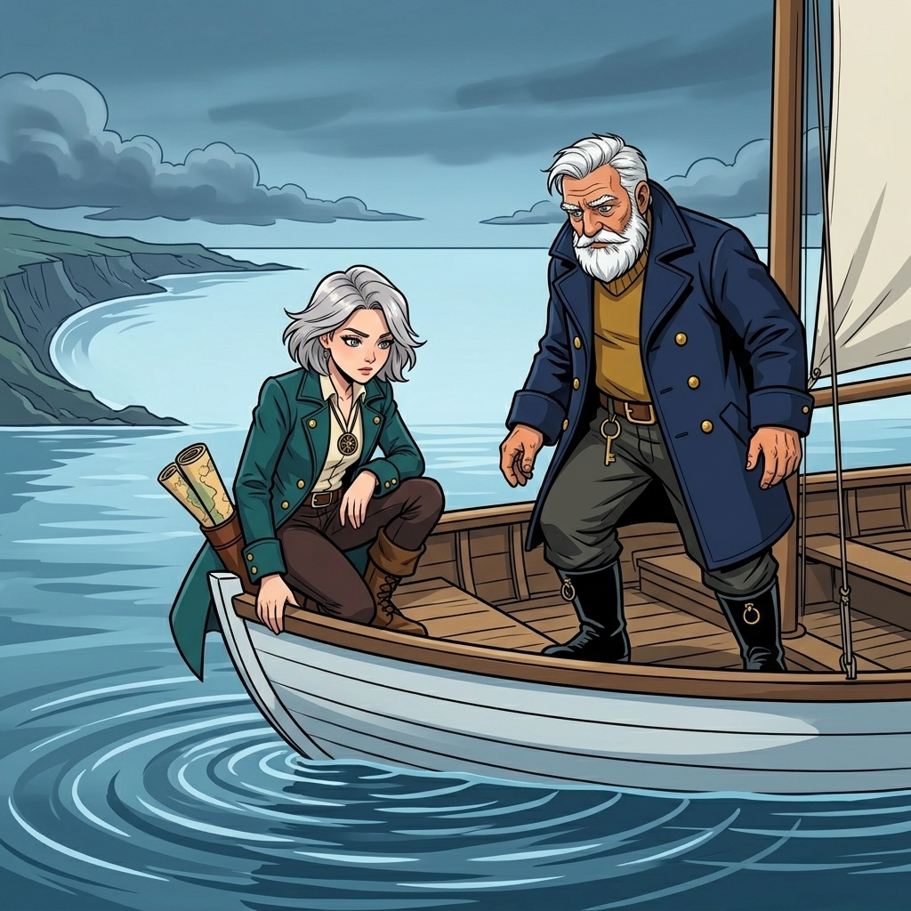 The Moving Sea — page 6 panel 3: The boat reaches the bend. The sea around it becomes unnaturally still, as if holding its breath, while a low tremor passes beneath the hull.