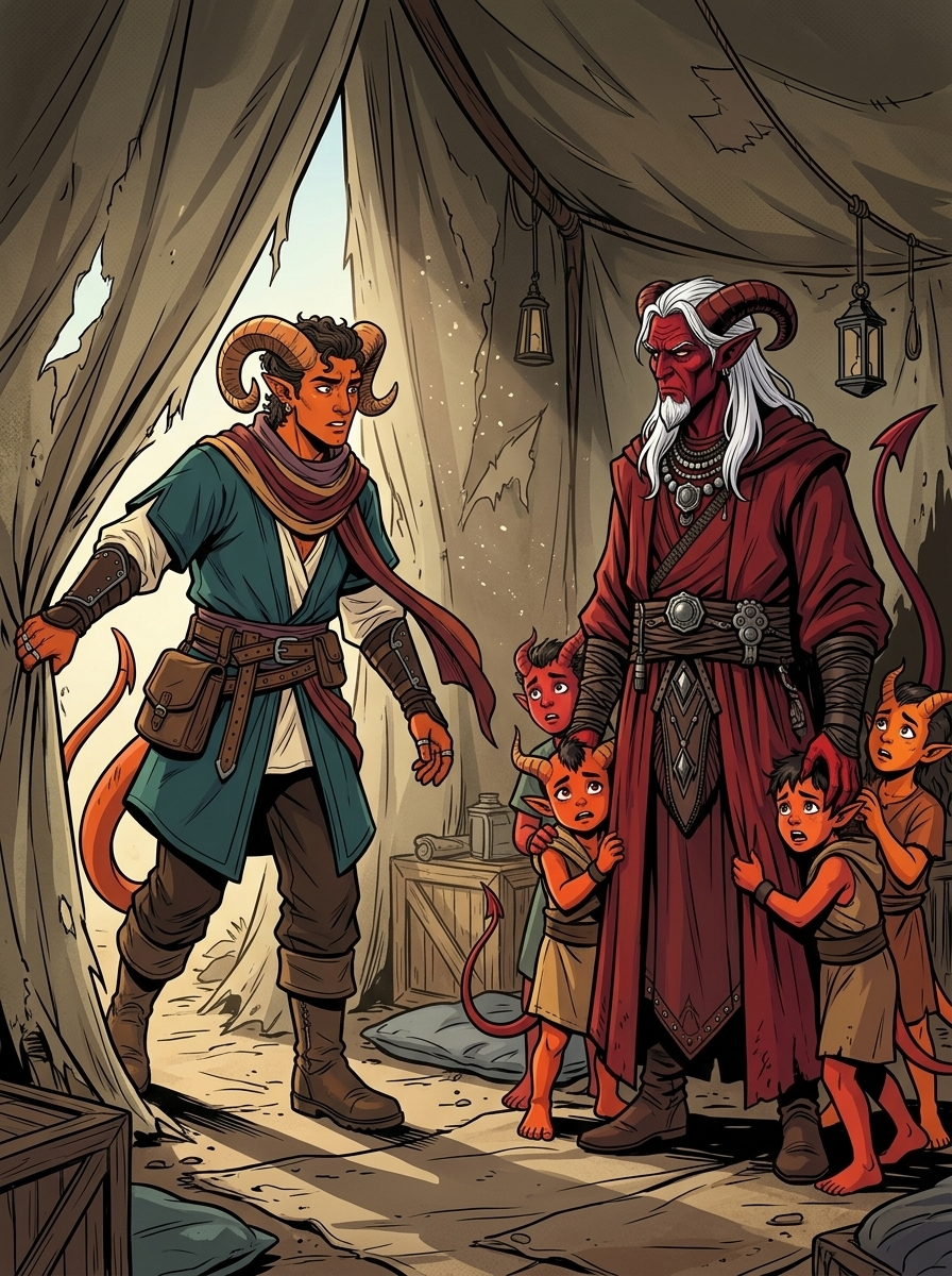 Altir's Fall — page 7 panel 1: Kurtz rushes back to Delmont's tent to find Delmont already guarding the children.
