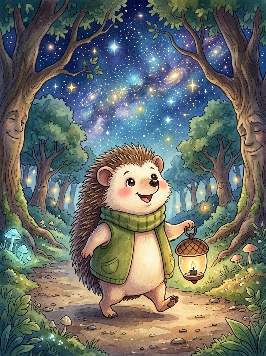 Pip and the Beautiful Dark — page 7 panel 1: Pip walks back home cheerfully, his lantern dark because the starlight is so bright.