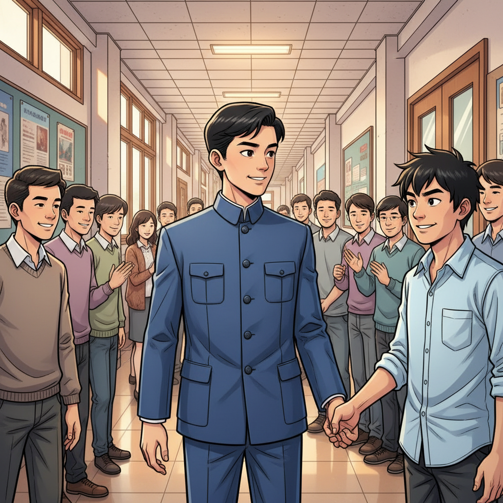 王二小智斗鬼子 — page 7 panel 6: 演讲结束后，王二小（char_1）被同学们簇拥着走出礼堂。他一眼看到了人群中的小明（char_6），两人相视一笑，一切尽在不言中。小明走上前，紧紧握住王二小的手，眼中满是骄傲。