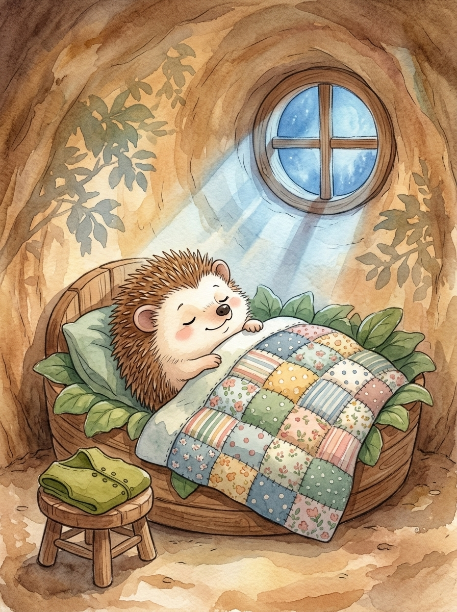 Pip and the Beautiful Dark — page 8 panel 1: Pip is fast asleep in his cozy burrow bed, smiling peacefully under the gentle night light.