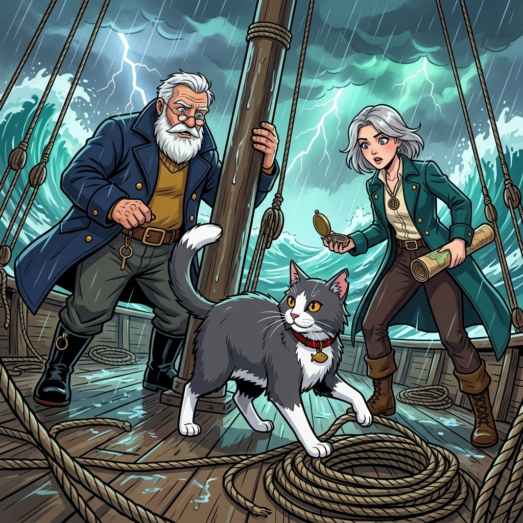 The Moving Sea — page 8 panel 2: Brine steps carefully across the rocking deck, tail raised for balance. Mira lowers the compass slightly, stunned. Tomas grips the mast and stares at the cat as though the storm has finally become less strange than the passenger.