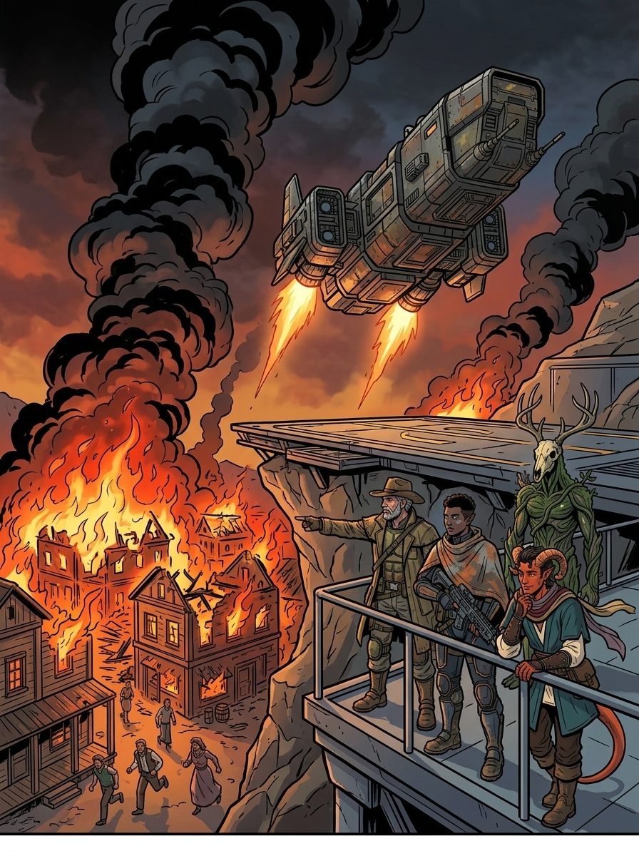 Altir's Fall — page 9 panel 1: The Argos lifts off from the burning surface of Altir, carrying the survivors away.
