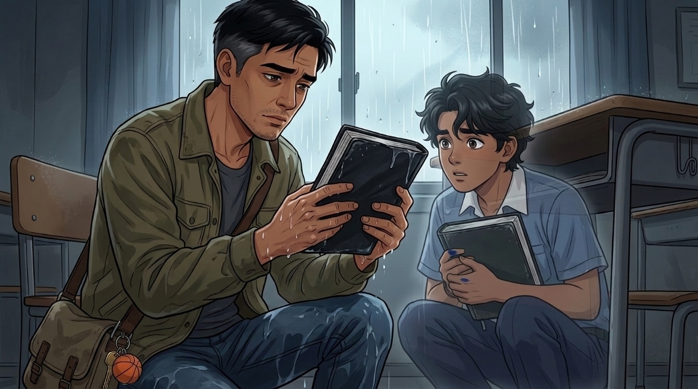 Letters I'll Never Send — Part One: Miles Between Us — page 5 panel 1: PB reaches beneath the loose papers and finds Ace's worn black leatherette notebook, his fingers trembling as grief overtakes him.
