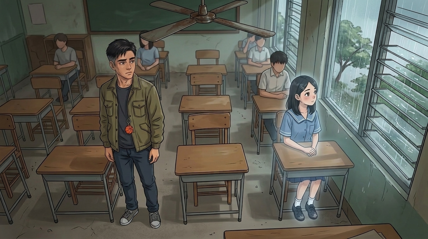 Letters I'll Never Send — Part One: Miles Between Us — page 3 panel 1: Inside Room 402, PB walks to the third row and second seat from the window, overwhelmed by the exact place where Sarah once sat.