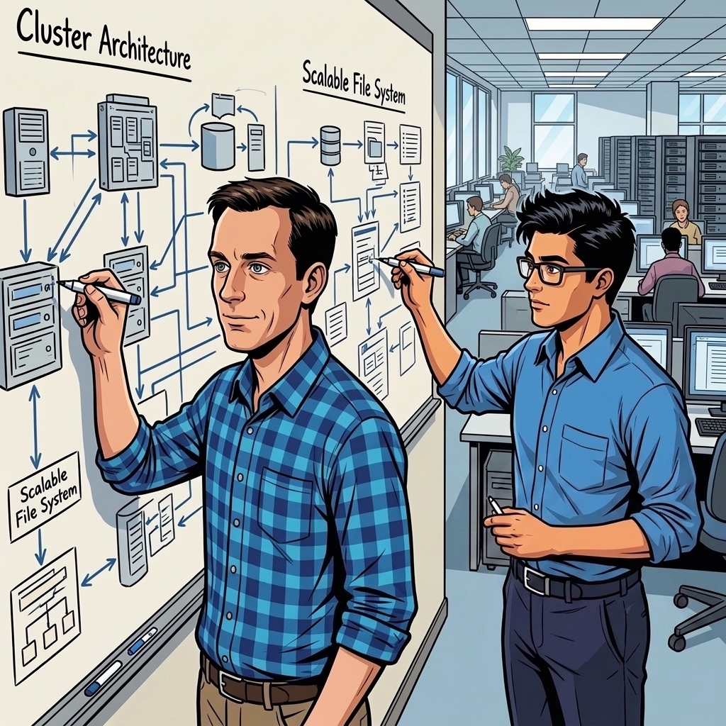 The Man Who Built Google's Brain — page 2 panel 1: Jeff Dean and Sanjay Ghemawat sketch MapReduce and Bigtable across a wall, imagining thousands of cheap machines acting as one giant computer.